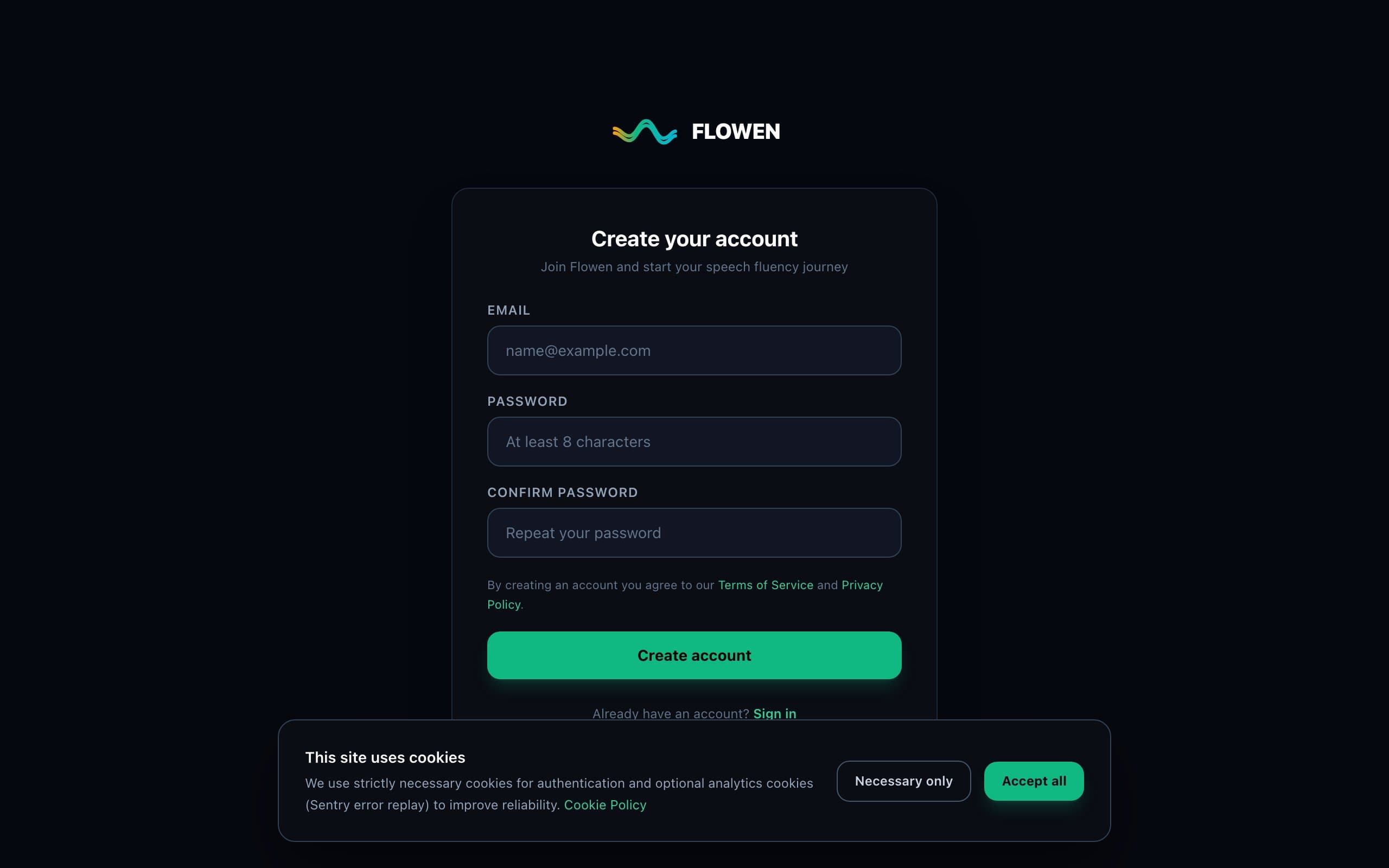 Sign up screen