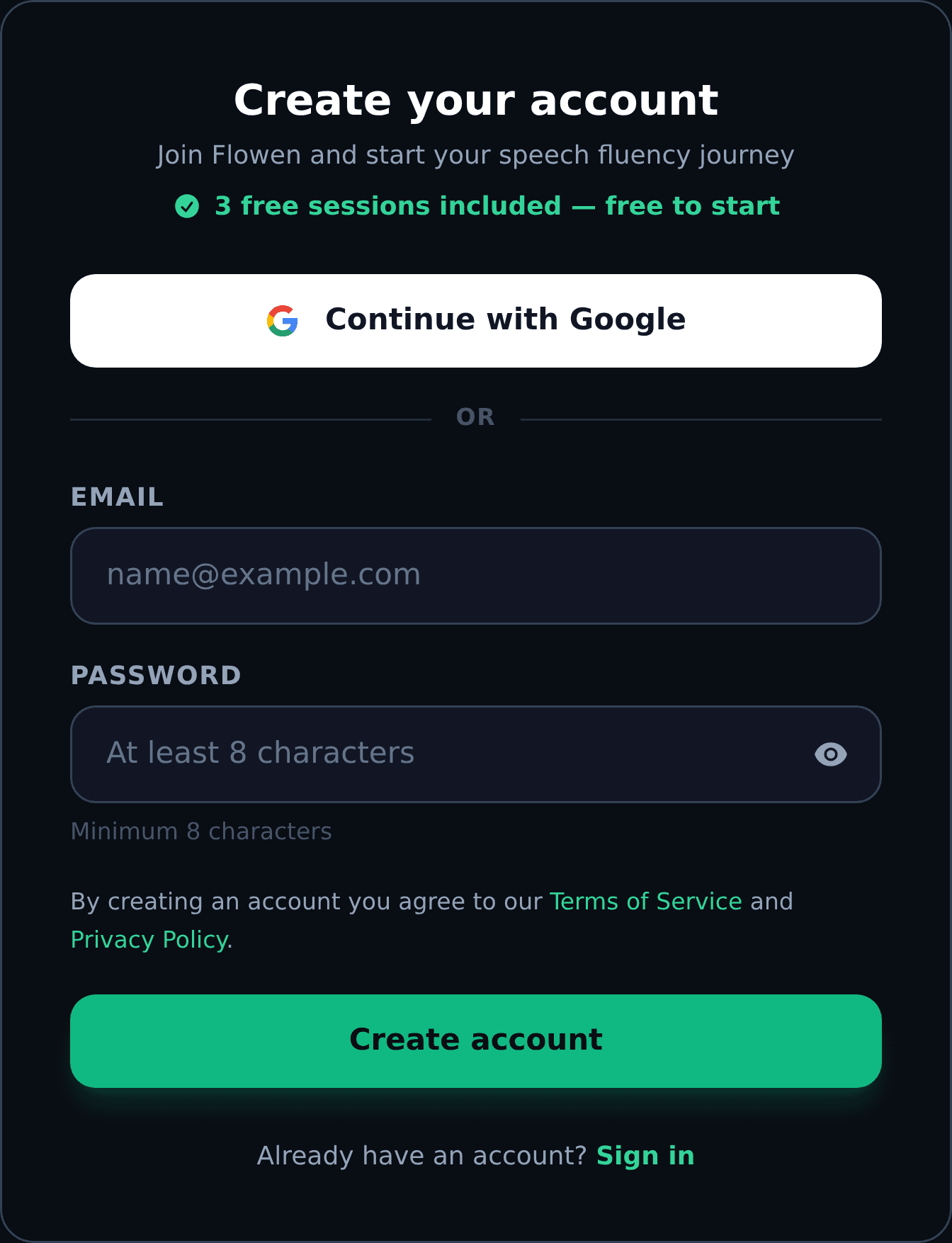Current production sign-up screen, cropped. October 2026.
